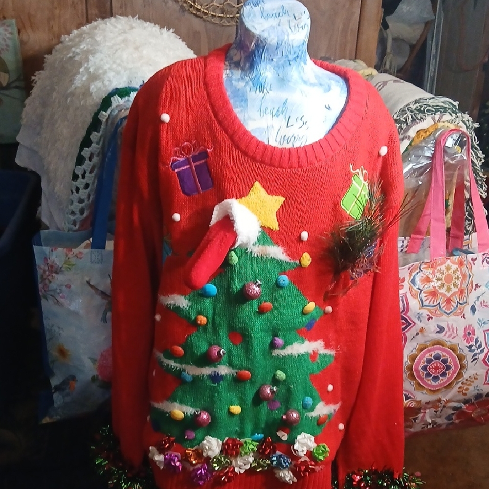 Festive Red Christmas Tree  Ugly Sweater Upcycled